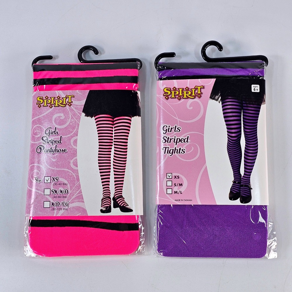 Spirit Halloween Girls Striped Tights Pink Purple Black XS Lot of 2 01230325